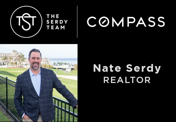 the serdy team and compass realty logos with a photo of nate serdy leaning on a wrought iron fence with ocean in the background