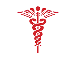 red caduceus symbol on white background